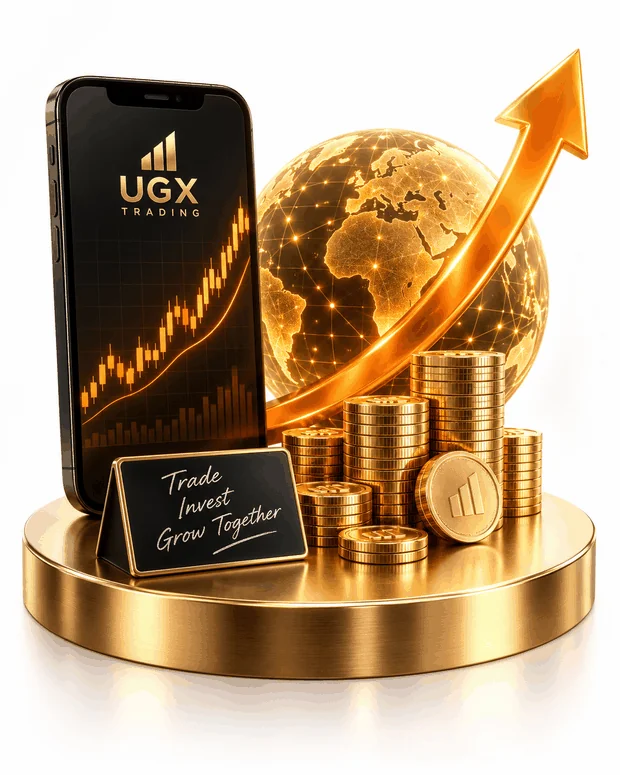 Golden globe, growth arrow, phone and coin stacks